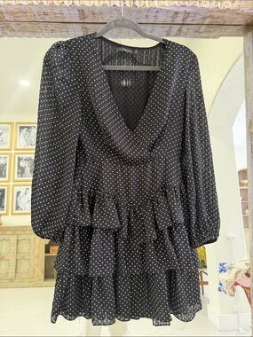 Black and White Polka Dot Tiered Long-Sleeve Dress